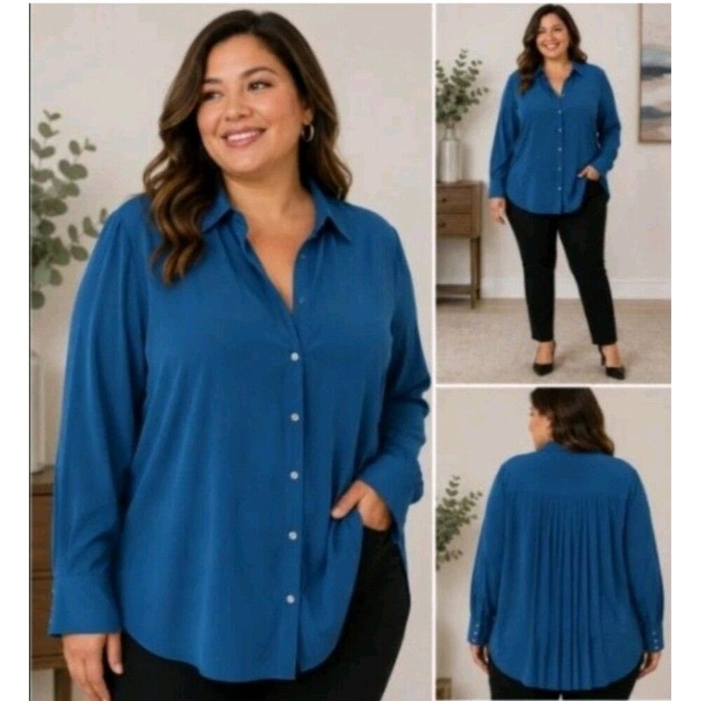 Chico's Teal Blue Pleated Back Button Down Blouse Tunic Top Women's Large 2